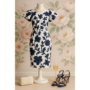 Milly Dakota Jacquard Navy & White Floral Sheath Ruffle Sleeve Dress Size 4